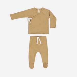 QUINCY MAE Wrap Top + Footed Pant Matching Set Girl or Boy Size NEWBORN Beige